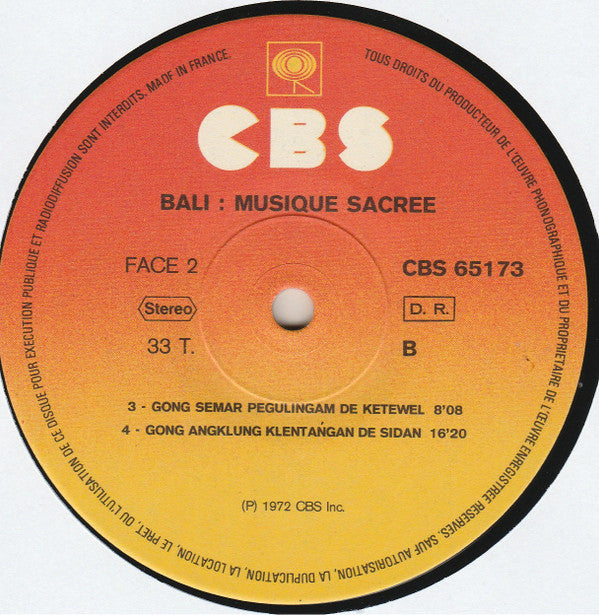 Various : Bali: Musique Sacrée (LP, RP)