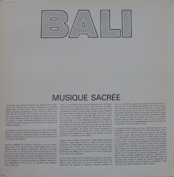 Various : Bali: Musique Sacrée (LP, RP)