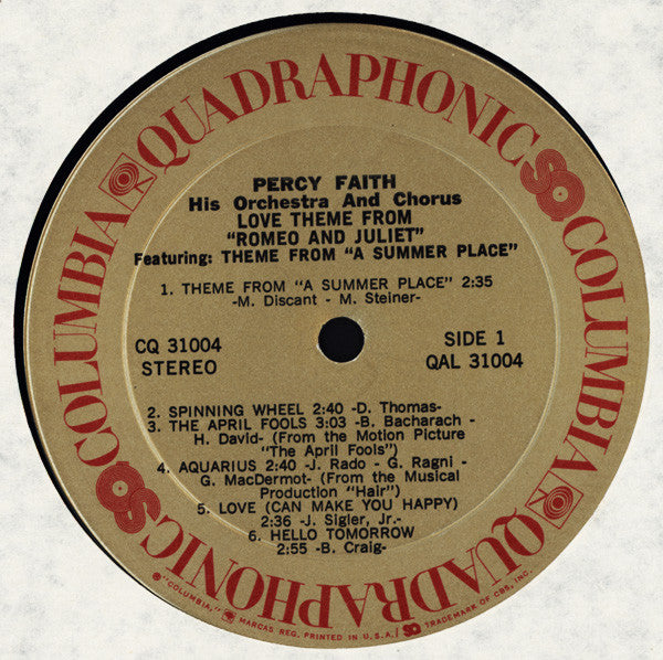 Percy Faith And His Orchestra And Chorus : Love Theme From "Romeo And Juliet" (LP, Album, Quad)