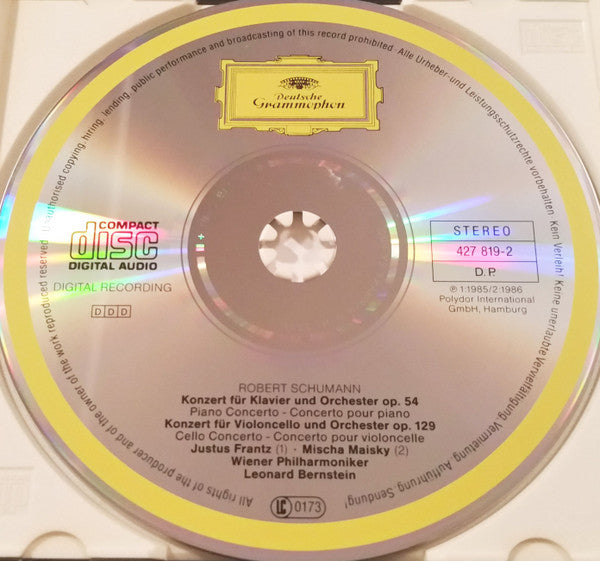 Robert Schumann - Justus Frantz, Mischa Maisky, Wiener Philharmoniker, Leonard Bernstein : Klavierkonzert · Cellokonzert = Piano Concerto · Cello Concerto (CD)