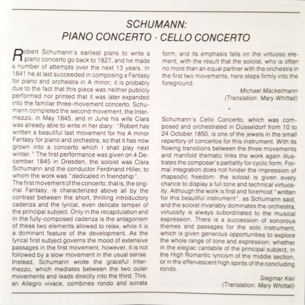 Robert Schumann - Justus Frantz, Mischa Maisky, Wiener Philharmoniker, Leonard Bernstein : Klavierkonzert · Cellokonzert = Piano Concerto · Cello Concerto (CD)