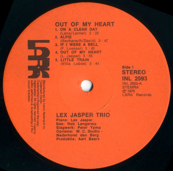 Lex Jasper Trio : Out Of My Heart (LP, Album)