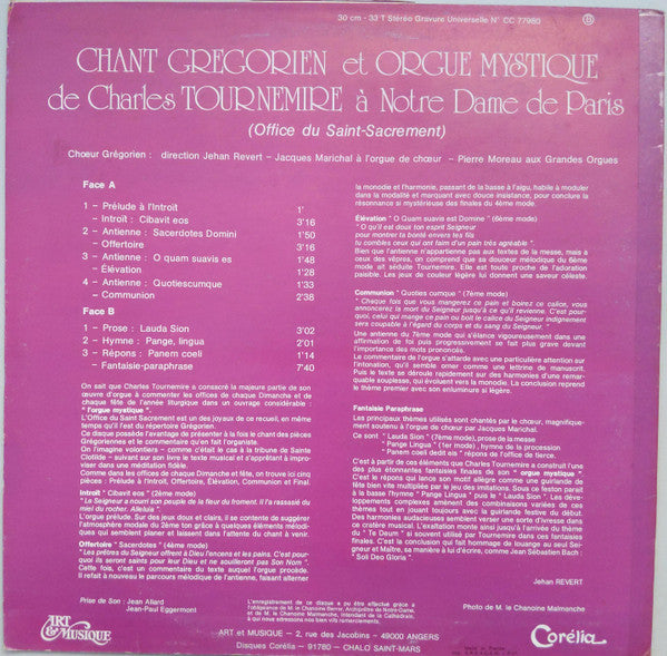 Charles Tournemire / Chœur Grégorien De Paris & Jacques Marichal, Pierre Moreau : Chant Grégorien Et Orgue Mystique À Notre-Dame De Paris - Office Du Saint-Sacrement (LP)