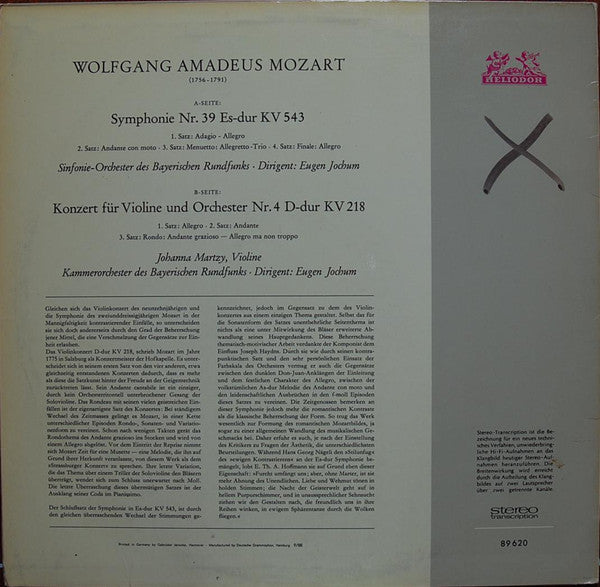 Wolfgang Amadeus Mozart, Johanna Martzy, Symphonie-Orchester Des Bayerischen Rundfunks, Eugen Jochum : Symphonie Es-dur KV 543 / Violinkonzert D-dur KV 218 (LP, Comp, RE)