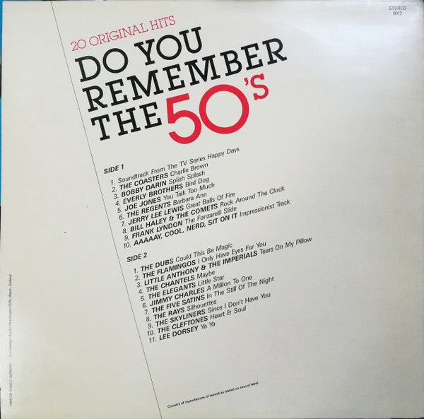 Various : Do You Remember The 50's (20 Original Hits And The Soundtrack From The TV Series Happy Days) (LP, Comp)