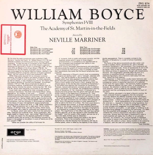William Boyce - Sir Neville Marriner, The Academy Of St. Martin-in-the-Fields : Symphonies I-VIII (LP)