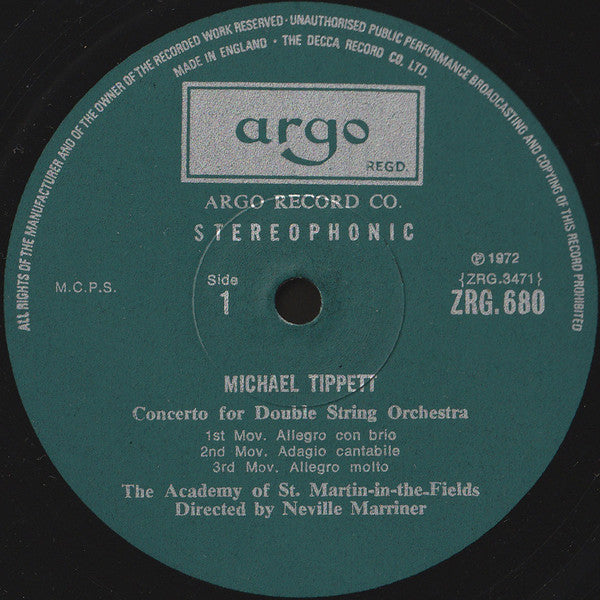 Sir Michael Tippett - Sir Neville Marriner, The Academy Of St. Martin-in-the-Fields : Little Music For String Orchestra / Concerto For Double String Orchestra / Fantasia Concertante On A Theme Of Corelli (LP)