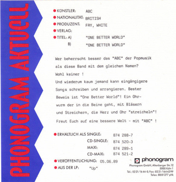 ABC : One Better World (7", Single)