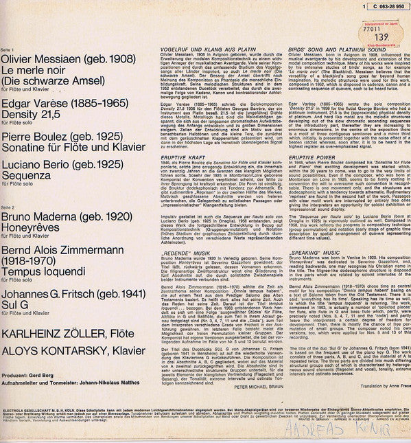 Pierre Boulez, Olivier Messiaen, Bruno Maderna, Johannes G. Fritsch, Bernd Alois Zimmermann, Edgard Varèse, Luciano Berio : Sonatine/Le Merle Noir/Honey Rèves/Sul G/Tempus Loquendi/Density 21,5/Sequenza (LP)