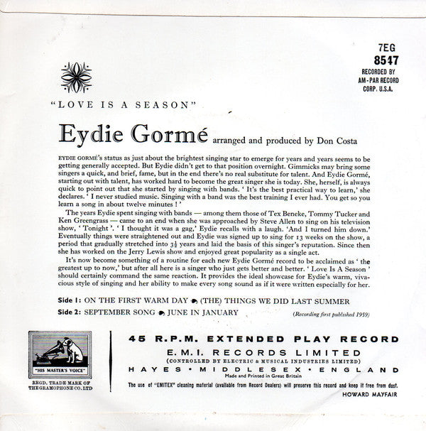 Eydie Gormé : Love Is A Season (7", EP)