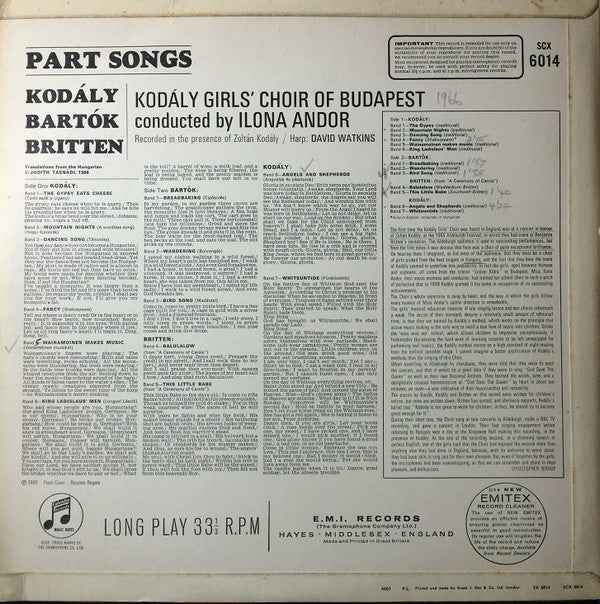 Budapest Kodály Zoltán Girls' Choir Conducted By Ilona Andor, Zoltán Kodály, Béla Bartók, Benjamin Britten : Part Songs (LP)