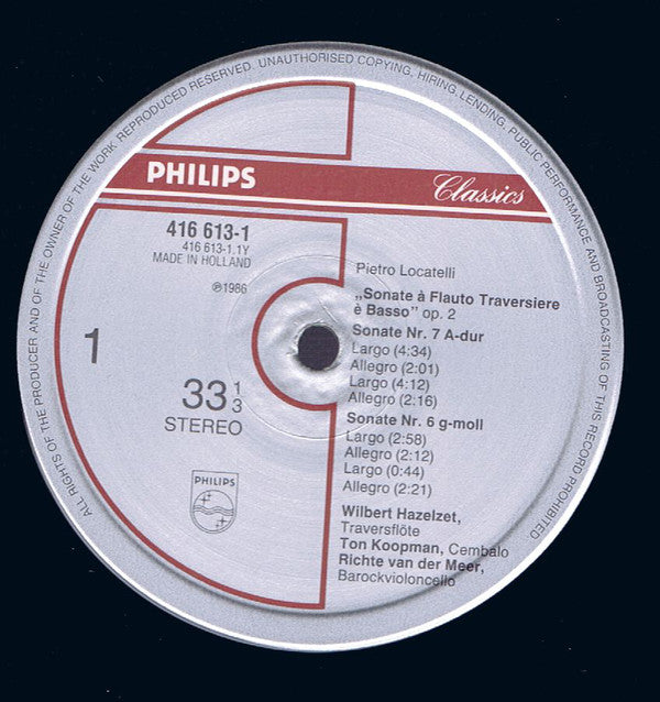 Pietro Antonio Locatelli - Wilbert Hazelzet, Ton Koopman, Richte van der Meer : 4 Sonate (À Flauto Traversiere Solo È Basso) (LP)