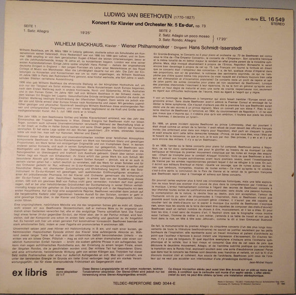 Ludwig van Beethoven / Wilhelm Backhaus / Wiener Philharmoniker / Hans Schmidt-Isserstedt : Klavierkonzert Nr. 5 Es-Dur (LP, Album, RE)