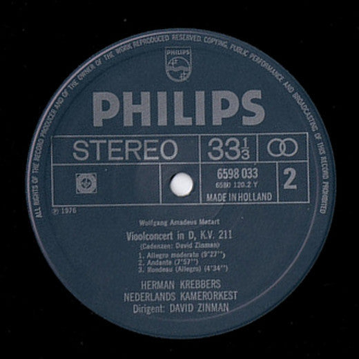Wolfgang Amadeus Mozart - Herman Krebbers, Netherlands Chamber Orchestra, David Zinman : Vioolconcerten Nr. 2, K.V. 211 En Nr. 4, K.V. 218 (LP)