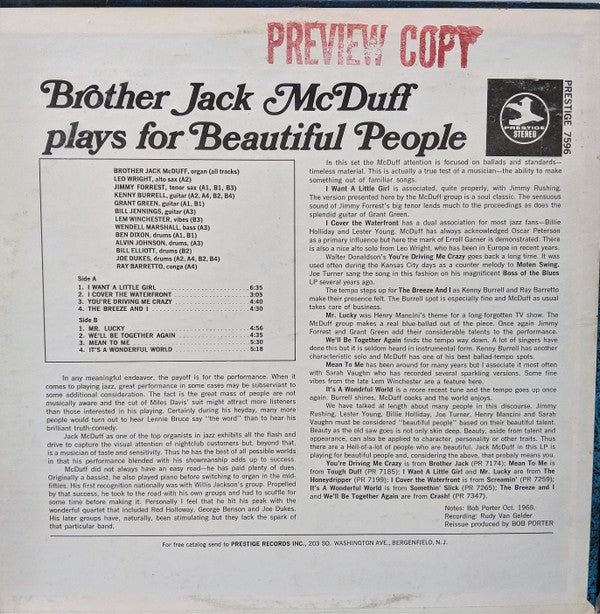 Brother Jack McDuff : Plays For Beautiful People (LP, Comp)