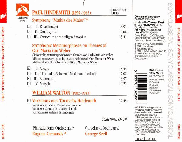 Paul Hindemith : Sir William Walton : The Philadelphia Orchestra · Eugene Ormandy · The Cleveland Orchestra · George Szell : Symphony "Mathis Der Maler" / Symphonic Metamorphoses / Variations On A Theme By Hindemith (CD, Comp, RM)