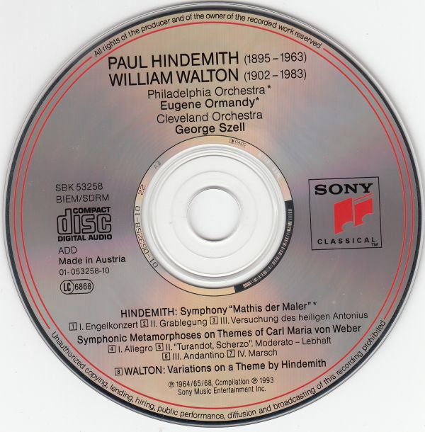 Paul Hindemith : Sir William Walton : The Philadelphia Orchestra · Eugene Ormandy · The Cleveland Orchestra · George Szell : Symphony "Mathis Der Maler" / Symphonic Metamorphoses / Variations On A Theme By Hindemith (CD, Comp, RM)