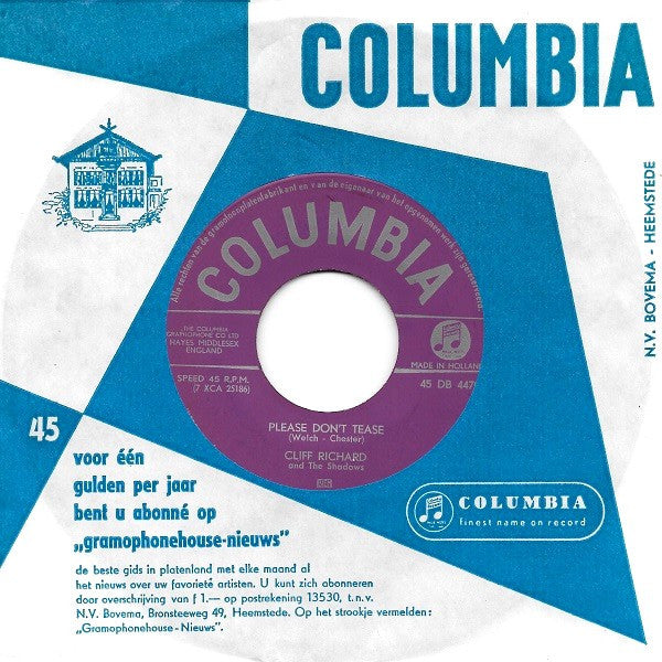 Cliff Richard & The Shadows : Please Don't Tease (7", Single)