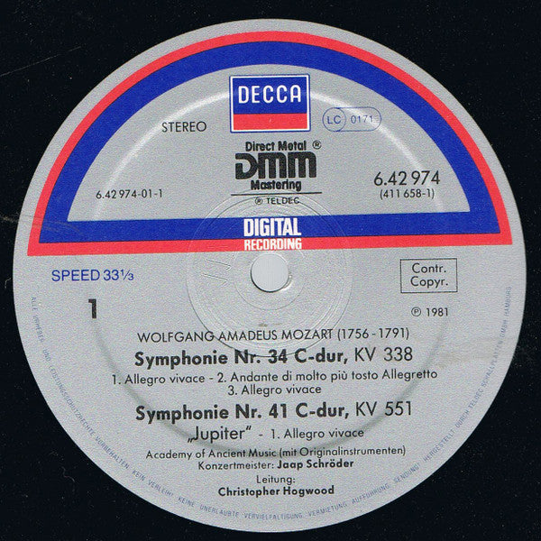 Wolfgang Amadeus Mozart - The Academy Of Ancient Music, Jaap Schröder, Christopher Hogwood : Symphony No. 41 "Jupiter" / Symphony No. 34 (LP)