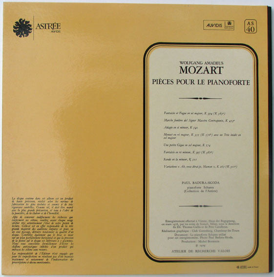 Wolfgang Amadeus Mozart / Paul Badura-Skoda : Pièces Pour Le Pianoforte (LP)