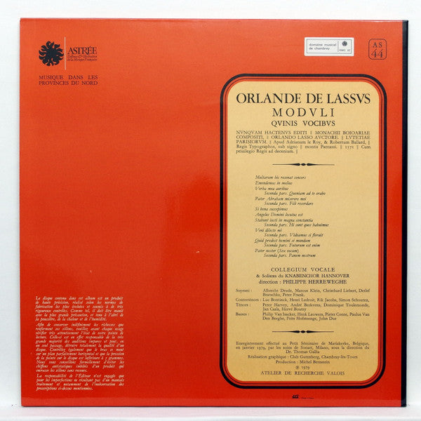 Roland de Lassus / Collegium Vocale & Solistes Du Knabenchor Hannover, Philippe Herreweghe : Moduli Quinis Vocibus 1571 (LP, Album)