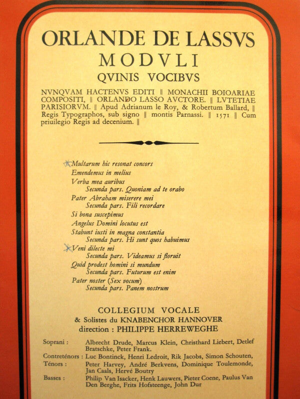 Roland de Lassus / Collegium Vocale & Solistes Du Knabenchor Hannover, Philippe Herreweghe : Moduli Quinis Vocibus 1571 (LP, Album)