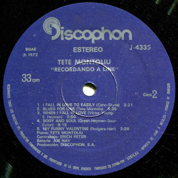 Tete Montoliu : Recordando A Line (LP, Album, RE, Blu)