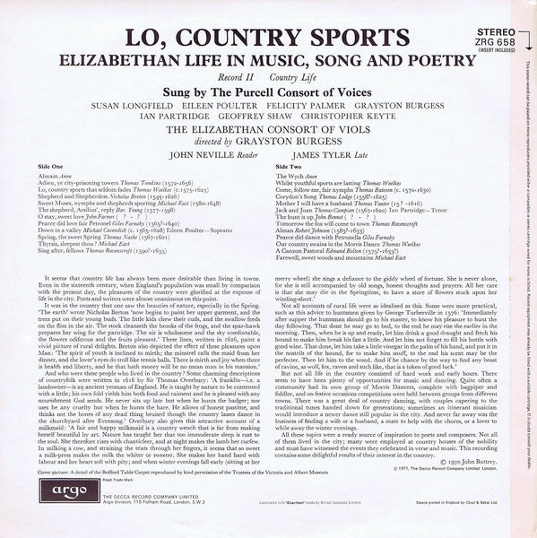 Purcell Consort Of Voices*, John Neville, Grayston Burgess : Lo, Country Sports (Elizabethan Life In Music, Song And Poetry. Record 2 Country Life) (LP)