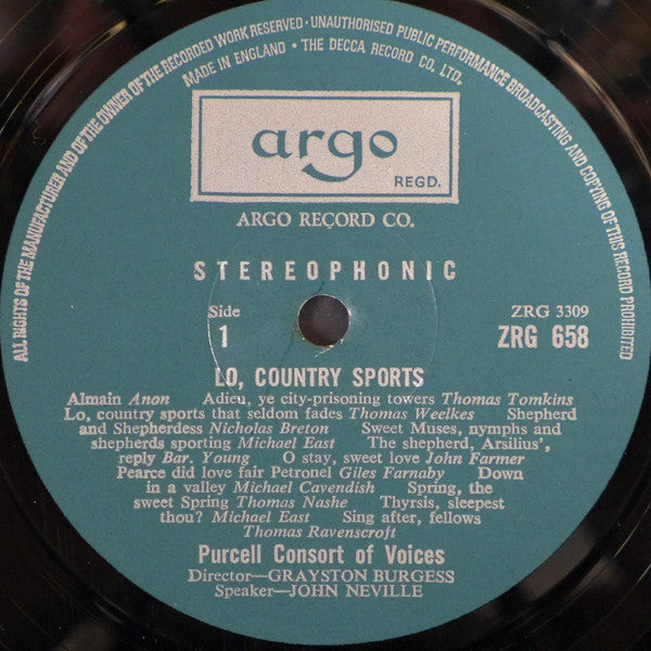 Purcell Consort Of Voices*, John Neville, Grayston Burgess : Lo, Country Sports (Elizabethan Life In Music, Song And Poetry. Record 2 Country Life) (LP)