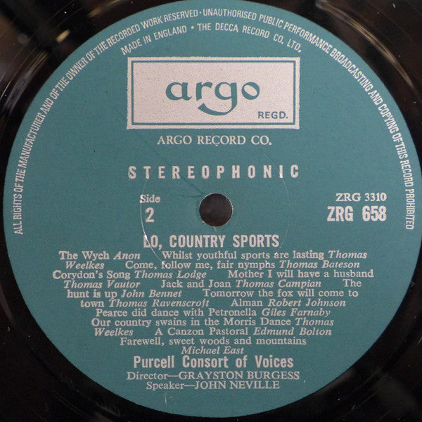 Purcell Consort Of Voices*, John Neville, Grayston Burgess : Lo, Country Sports (Elizabethan Life In Music, Song And Poetry. Record 2 Country Life) (LP)