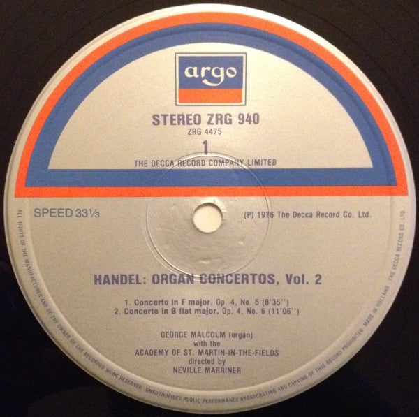 Georg Friedrich Händel, George Malcolm, The Academy Of St. Martin-in-the-Fields, Sir Neville Marriner : Organ Concertos Vol. 2 (LP)