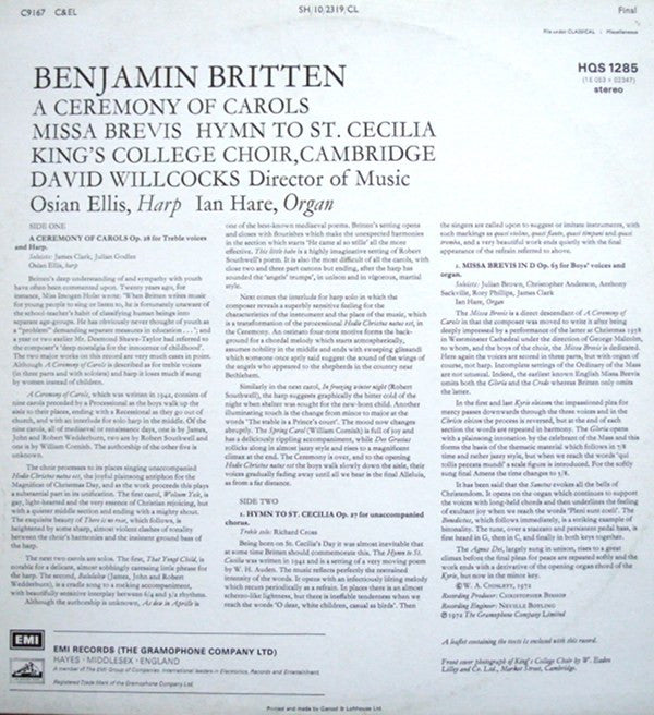 Benjamin Britten - The King's College Choir Of Cambridge, David Willcocks, Osian Ellis, Ian Hare : A Ceremony Of Carols • Hymn To St.Cecilia • Missa Brevis (LP)