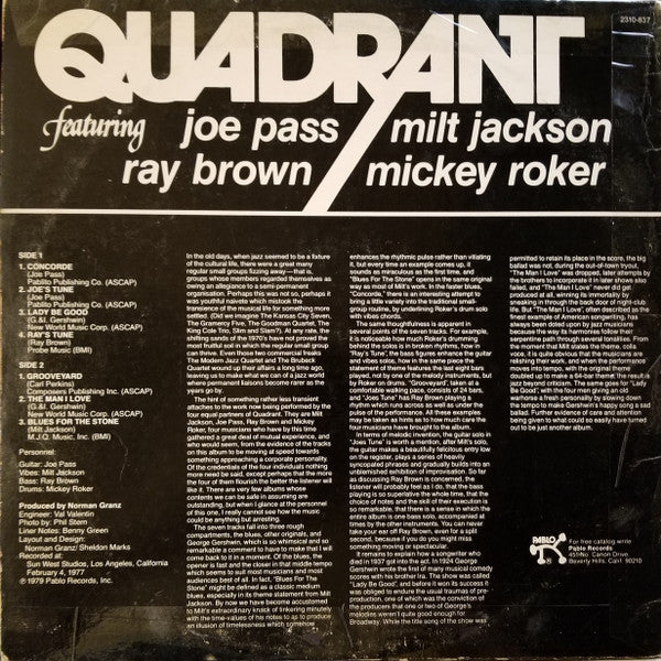 Quadrant (6) Featuring Joe Pass, Milt Jackson, Ray Brown, Mickey Roker : Quadrant (LP, Album)