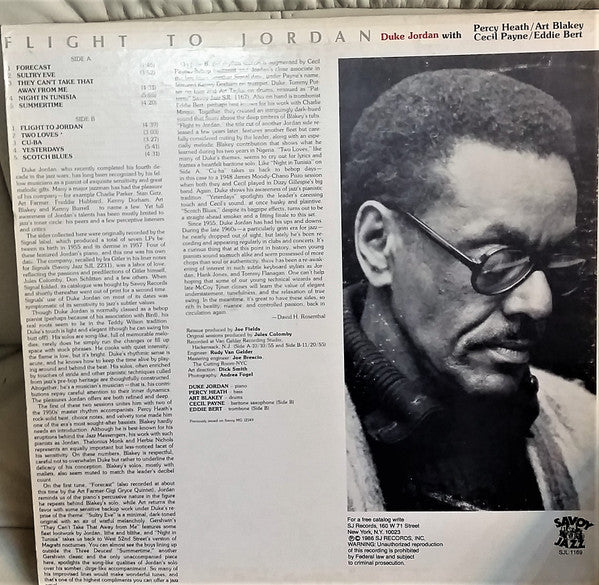 Duke Jordan, Percy Heath, Art Blakey, Cecil Payne, Eddie Bert : Flight To Jordan (LP, Mono, RE, RM)