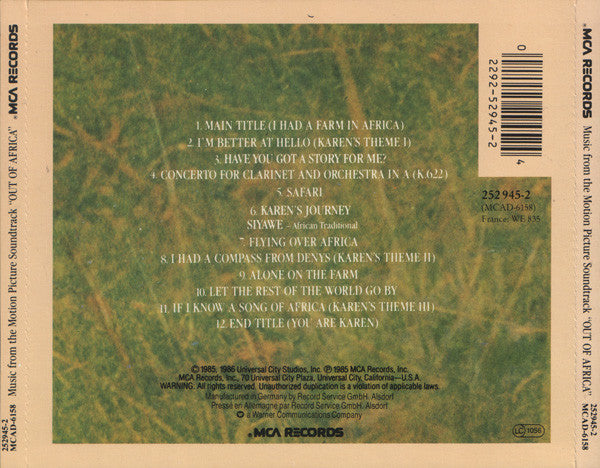 John Barry : Out Of Africa (Music From The Motion Picture Soundtrack) (CD, Album, RE)