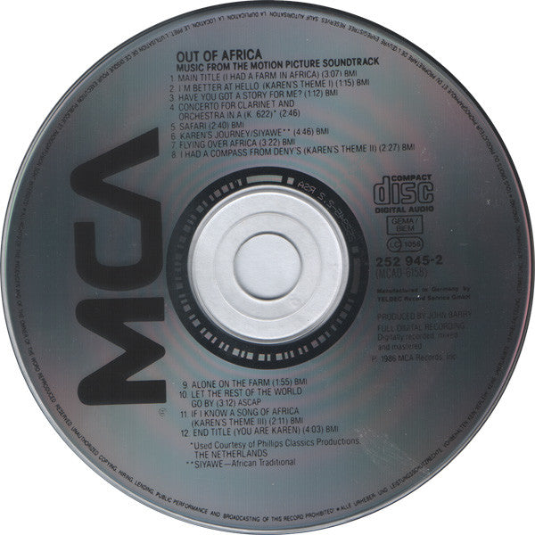 John Barry : Out Of Africa (Music From The Motion Picture Soundtrack) (CD, Album, RE)