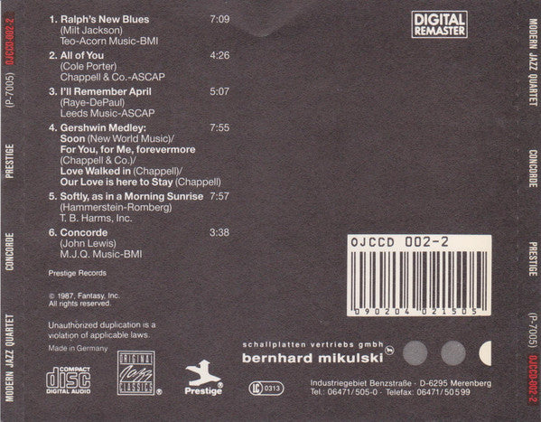 The Modern Jazz Quartet : Concorde (CD, Album, RE, RM)