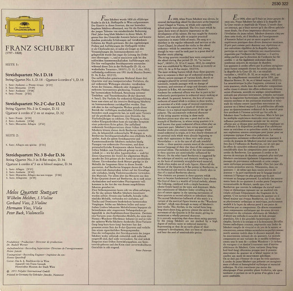 Franz Schubert - Melos Quartett : Streichquartette (Nr.1, D.18 • Nr.2  C-Dur, D.32 • Nr.3 B-Dur, D.36) (LP, Album)