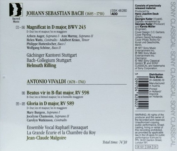 Johann Sebastian Bach / Antonio Vivaldi, Gächinger Kantorei Stuttgart, Bachcollegium Stuttgart, La Grande Ecurie Et La Chambre Du Roy, Helmuth Rilling, Jean-Claude Malgoire : Magnificat / Gloria, Beatus Vir (CD, Album, Comp, RE, RM)