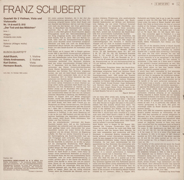 Franz Schubert - The Busch Quartet : Schubert - Streichquartett Nr. 14 In D-Moll D. 810: "Der Tod Und Das Mädchen" (LP, Mono)