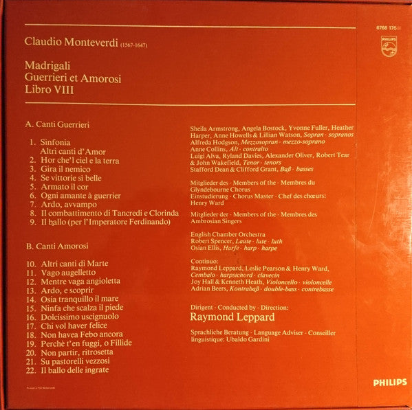 Claudio Monteverdi - Heather Harper, Lillian Watson, Luigi Alva, Ryland Davies, John Wakefield, Stafford Dean, Glyndebourne Festival Chorus, Raymond Leppard : Madrigali Libro VIII (3xLP + Box)