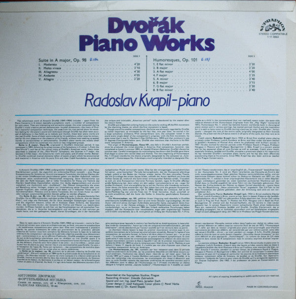 Antonín Dvořák, Radoslav Kvapil : Dvořák Piano Works (LP)