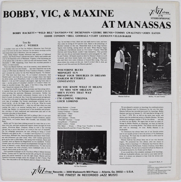 Bobby Hackett & Vic Dickenson With Maxine Sullivan : Live From Manassas (LP)
