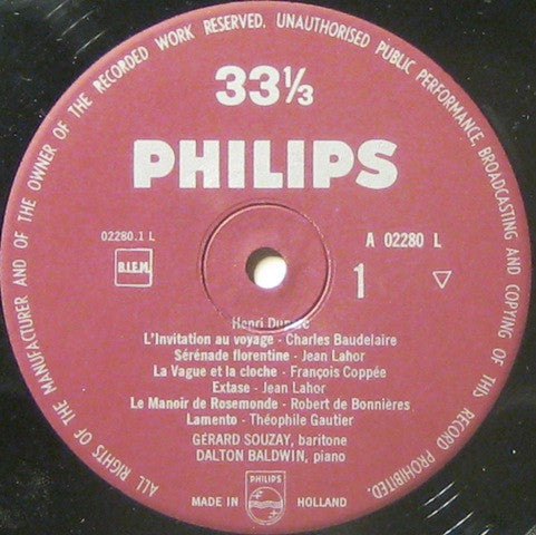 Henri Duparc, Gérard Souzay, Dalton Baldwin : Mélodies (LP, Mono)