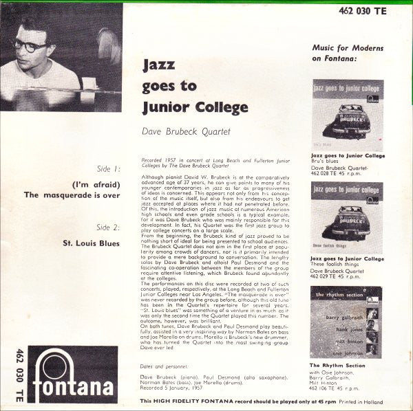 The Dave Brubeck Quartet : Jazz Goes To Junior College: The Masquerade Is Over - St. Louis Blues (7", Single)