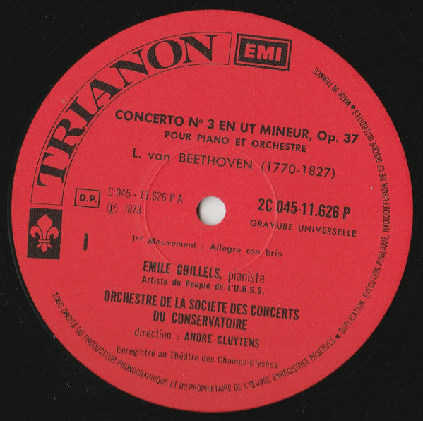 Beethoven*, Emile Guillels*, Orchestre De La Société Des Concerts Du Conservatoire, André Cluytens : Concerto N° 3 En Ut Mineur (LP, RE)