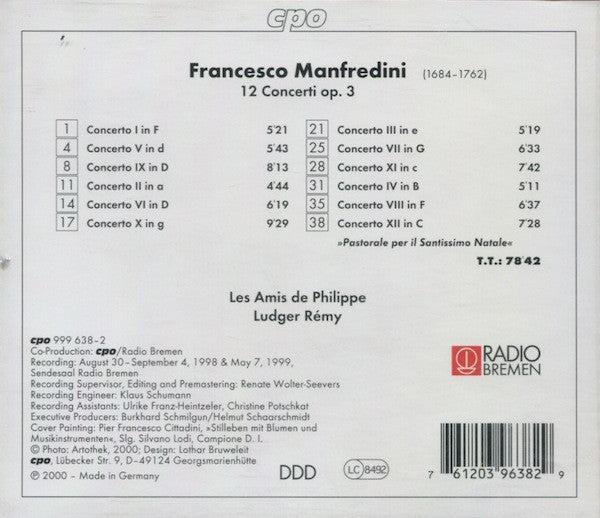 Francesco Manfredini - Les Amis De Philippe, Ludger Rémy : 12 Concerti Op. 3 (CD, Album)