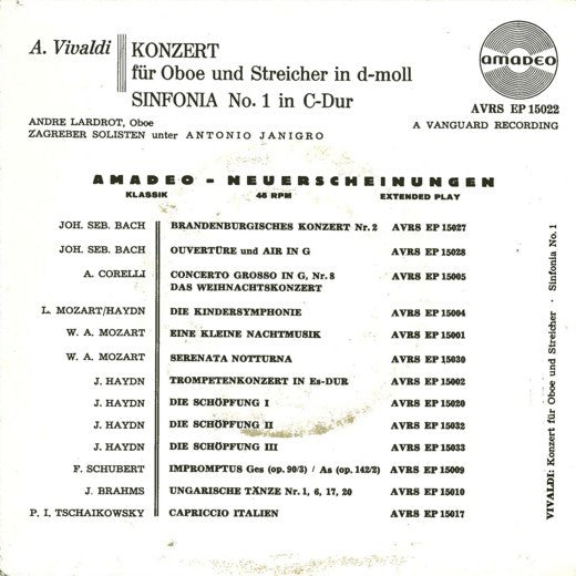 Antonio Vivaldi : Konzert Für Oboe Und Streicher In D-Moll / Sinfonia Nr.1 In C-Dur (7", EP)