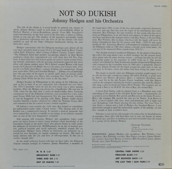 Johnny Hodges And His Orchestra : Not So Dukish 	 	 (LP)
