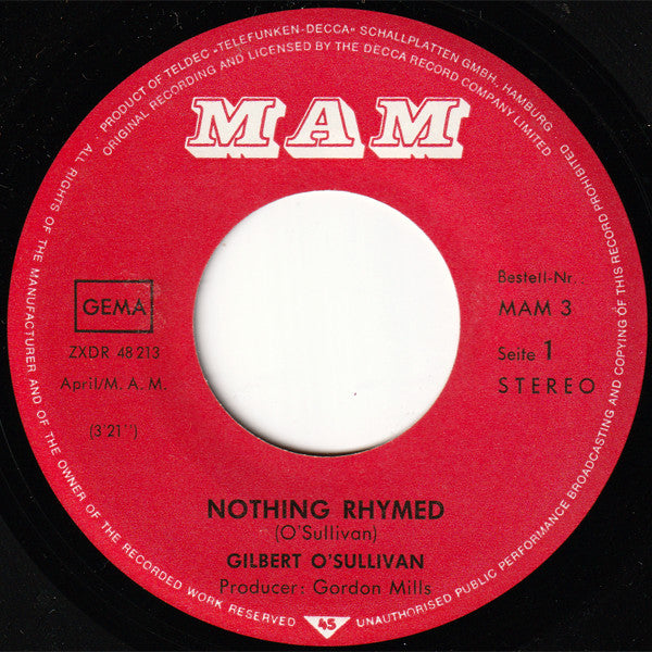 Gilbert O'Sullivan : Nothing Rhymed / Everybody Knows (7")